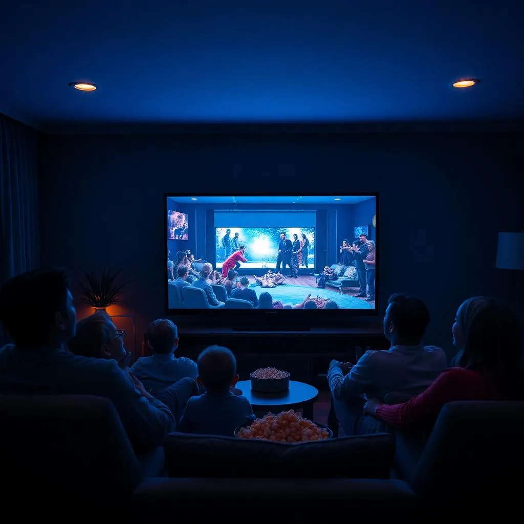 Família assistindo filme na sala com o Fun Play